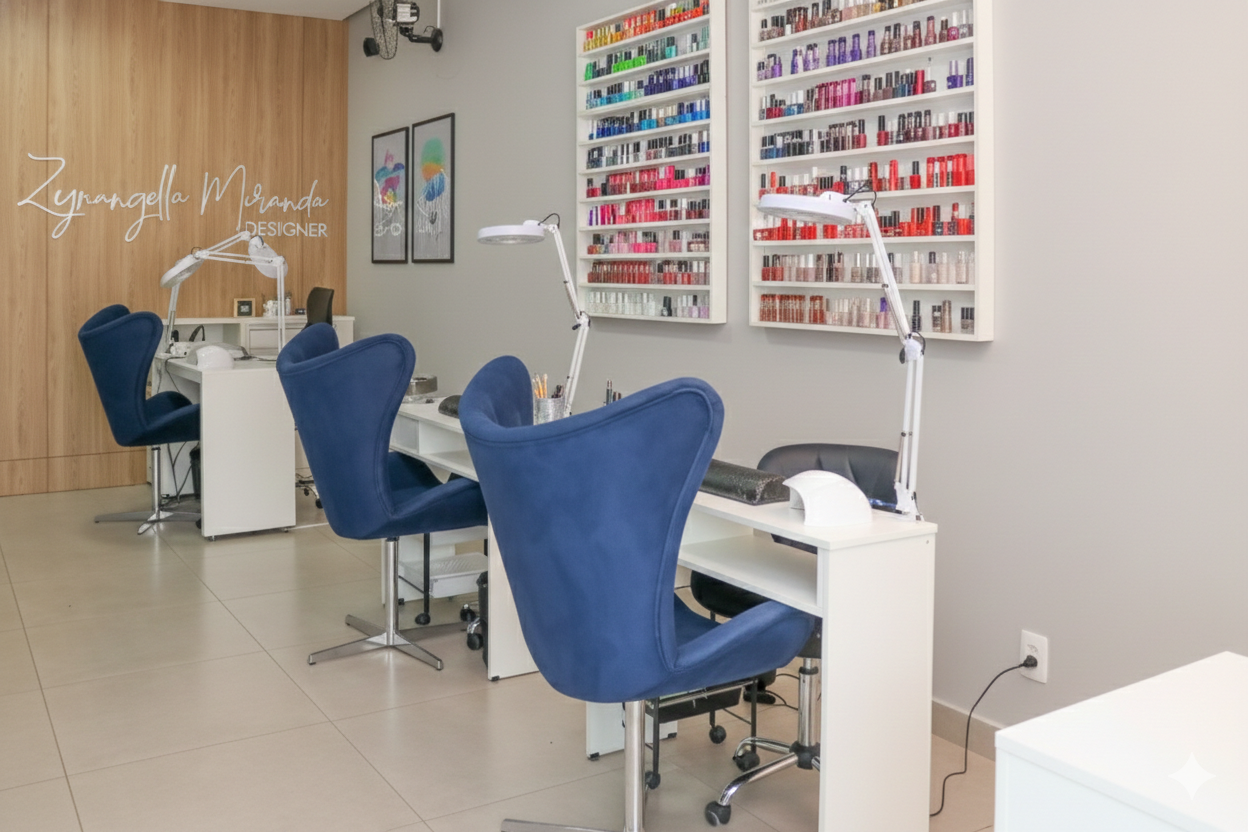 Ambiente interno do Espaço ZM, estações de manicure com estante de esmaltes